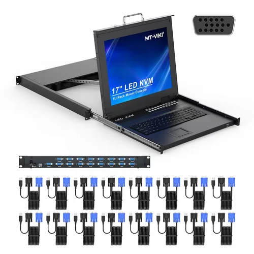 MT-VIKI Conmutador KVM para rack con monitor LCD de 17 pulgadas, conmutador KVM VGA de 16 puertos con monitor táctil de teclado, apto para rack de