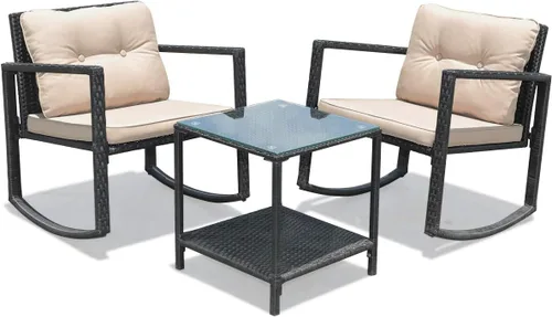 Miniatura 9 de Tangkula Juego de 3 mecedoras de mimbre para patio, mecedoras al aire libre y mesa con cojines, mesa de centro de cristal con estante de Beige