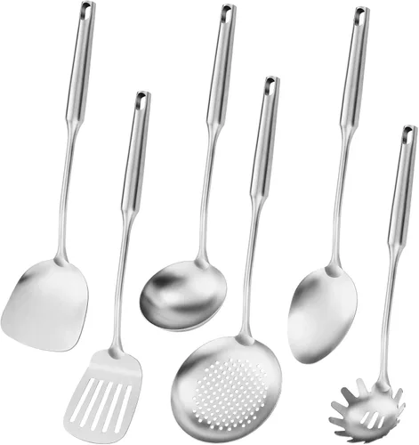 Miniatura 12 de Juego de utensilios de cocina de acero inoxidable 304 mate, 11 piezas de utensilios de cocina de metal largo con espátula, cuchara, cucharón, Dorado