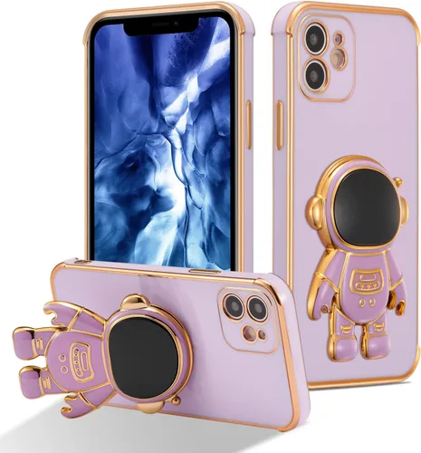 Miniatura 9 de RALEAVO Funda para iPhone 13, bonita funda de astronauta 6D con función de soporte, cubierta de enchapado de lujo, ajuste delgado, TPU suave, Púrpura