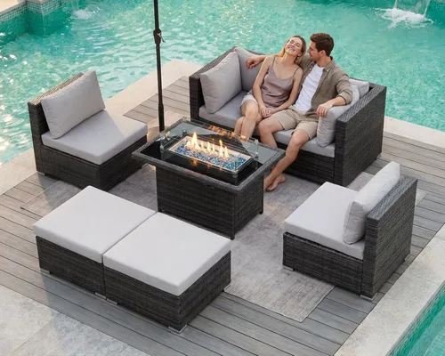 Miniatura 58 de BULEXYARD Juego de 7 piezas de sofá seccional para exteriores con respaldo alto, mesa para fogatas, juego de muebles de patio de mimbre resistente a