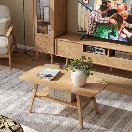 Miniatura 8 de Mesa de centro 100% de madera de roble macizo para sala de estar, mesas de centro pequeñas de 2 niveles con almacenamiento en estantes, mesa moderna