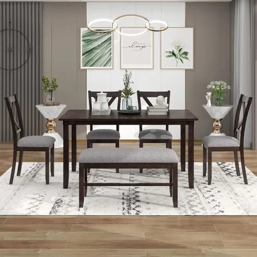 Miniatura 2 de LUMISOL Juego de mesa de comedor de 6 piezas, mesa de comedor rectangular de 60 pulgadas con sillas tapizadas y banco, juego de mesa de cocina