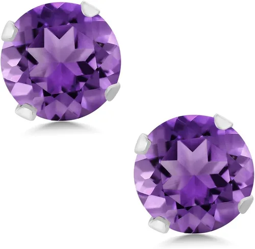 Miniatura 3 de Gem Stone King Aretes de tuerca de amatista morada de oro blanco de 14 quilates de 1.00 quilates para mujer Piedra natal Redondo de 0.197 in, Oro
