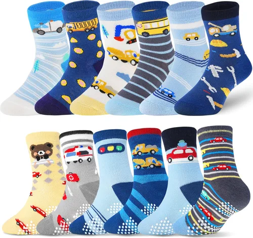 ANTSANG - Calcetines antideslizantes para niños pequeños con agarre, para niños y niñas, diseños divertidos de autos y dinosaurios, 12 pares de