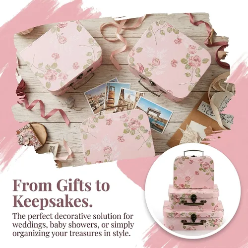 Miniatura 9 de Fasmov Paquete de 3 maletas de cartón, cajas de almacenamiento decorativas, cajas de regalo con tapas para almacenamiento de fotos, decoración