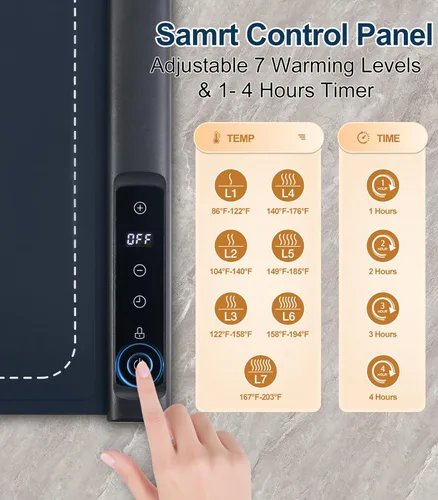 Miniatura 2 de Tapete de calentamiento de alimentos, 42 x 16 pulgadas, calentador de alimentos extra largo y rápido con 7 niveles de temperatura y función de Azul