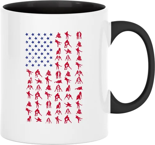 Taza de café con la bandera estadounidense de lucha libre, taza de café para luchador, taza de café divertida de 11 onzas, mango negro e interior