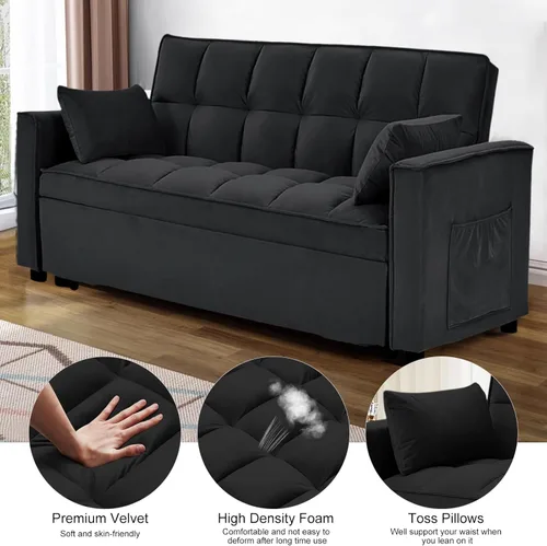 Miniatura 4 de Sofá cama convertible de terciopelo de 55 pulgadas, sofá futón 3 en 1 con cama extraíble, sofá biplaza moderno con respaldo ajustable, 2 almohadas
