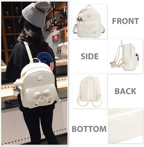 Miniatura 3 de K.E.J. Mini mochila de cuero Bowknot de 3 piezas, linda mochila pequeña para mujer, Beige, Mochilas Daypack