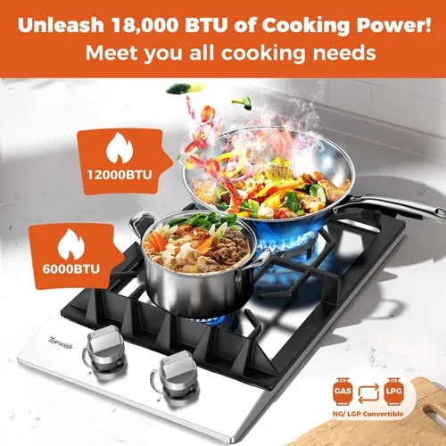 Miniatura 2 de TOPWISH Placa de Cocina de Gas de 12 Pulgadas, Estufa de Gas Integrada Convertible a LPG/NG con 2 Quemadores 18000BTU, Estufa de Propano de Acero