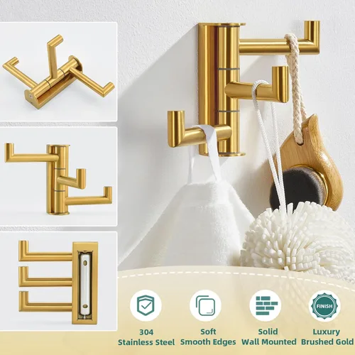 Miniatura 7 de APLusee Gancho giratorio para toalla, gancho plegable de acero inoxidable 304 con tres brazos giratorios, colgador de almacenamiento flexible
