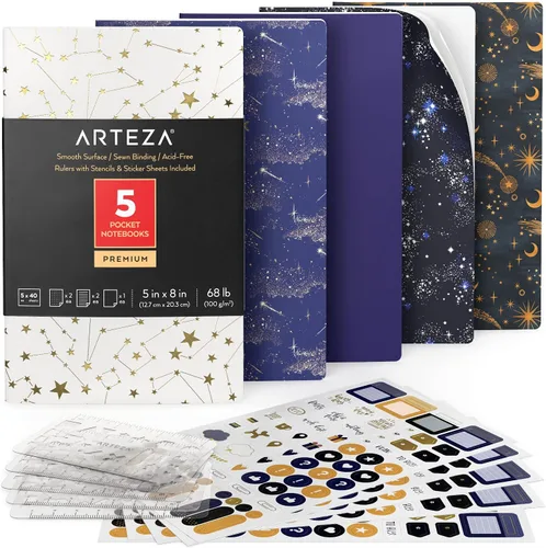 ARTEZA Cuadernos de bolsillo, 5 x 8 pulgadas, juego de 5, 40 hojas cada uno, diseños de constelación, 2 puntos, 2 a rayas y 1 diario de tapa blanda
