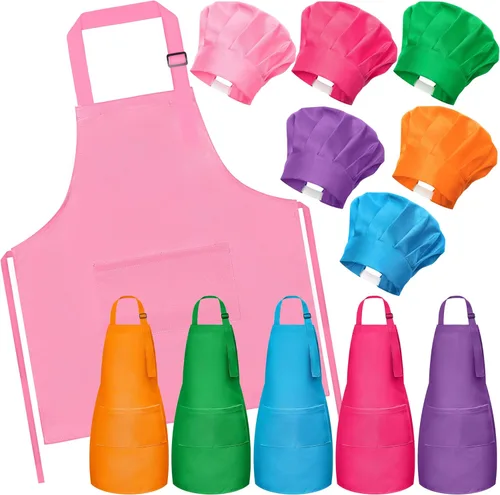 Juego de delantal y sombrero de chef para niños, 6 piezas de delantal de cocina ajustable colorido para niñas y niños, juguete de simulación, regalo
