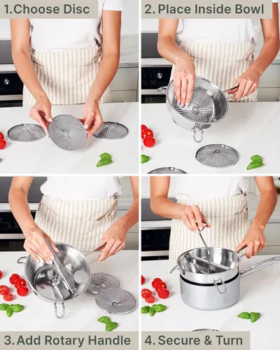 Miniatura 5 de Molinillo de alimentos de acero inoxidable con 3 discos, manivela giratoria ergonómica para salsa de tomate, puré de manzana, comida para bebés