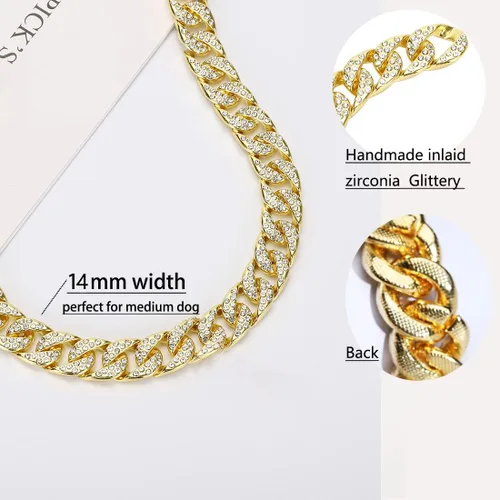 Miniatura 3 de Collar de perro dorado con circonita cúbica de 0.551 in, cadena de eslabones cubanos hecha a mano con diamantes exagerados, juego completo de puntas