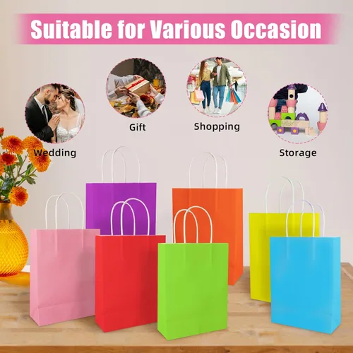 Miniatura 7 de YADIAN 12 bolsas de regalo de papel kraft con asa, bolsas de regalo azules de tamaño pequeño para Halloween, Navidad, cumpleaños, bodas