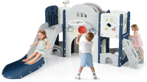 Costzon Juego de tobogán 10 en 1 para niños pequeños, juego de tobogán y escalador con pizarra magnética, juego de anillos, aro de baloncesto, túnel