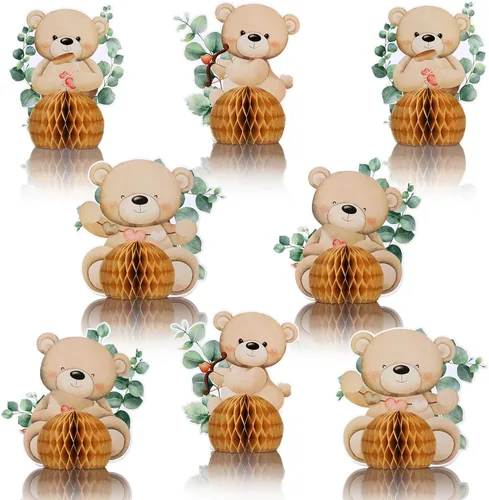 Hiboom 8 piezas de centro de mesa de oso para baby shower, suministros de fiesta de oso para baby shower, decoración de fiesta de bebé, centros de