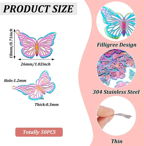 Miniatura 4 de FASHEWELRY 50 piezas de conectores de filigrana de mariposa de acero inoxidable, adornos de metal grabados con arco iris para fabricación de joyas