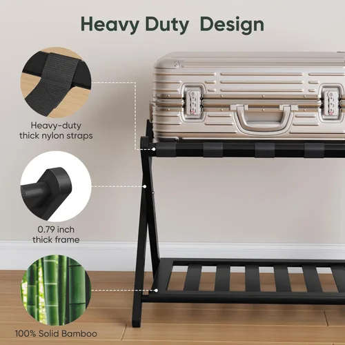 Miniatura 2 de Smart FENDEE Portaequipajes negro totalmente montado, soporte para maleta con estante para zapatos, soporte de equipaje plegable de madera