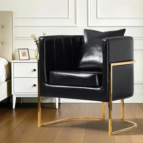 Miniatura 6 de Silla moderna de cuero, sillón tapizado de mediados de siglo con almohada para sala de estar, cómoda silla de tocador individual con patas doradas