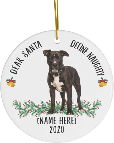Divertido nombre personalizado American Staffordshire Terrier Blanco Negro Dear Santa Define Naughty Gifts 2023 Adornos de árbol de Navidad círculo