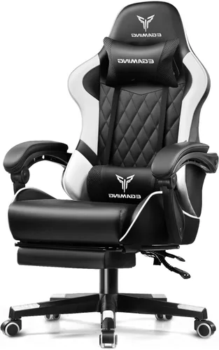 EXRACING Silla ergonómica para videojuegos, silla de computadora con reposapiés y soporte lumbar, silla de oficina de cuero con respaldo alto blanco