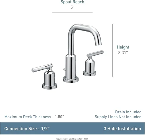 Miniatura 3 de Moen Gibson Cromo Grifo de baño de arco alto de 8 pulgadas con dos manijas y montaje generalizado moderno, requiere válvula, T6142