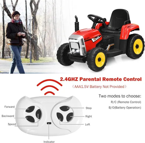 Miniatura 2 de OLAKIDS Tractor de paseo para niños de 12 V, vehículo eléctrico 2 en 1 con control remoto, remolque desmontable, juguete de conducción a batería Rojo