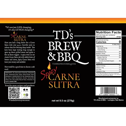 Miniatura 2 de TD's Brew & BBQ SPICY CARNE SUTRA Rub & Seasoning BBQ Rub Condimento picante para carne Masaje picante para carnes y verduras Masaje picante