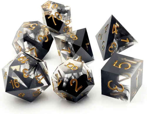 Miniatura 7 de Haxtec Juego de Dados de Borde Afilado DND Juego de Dados con Estuche de Dados Hecho a Mano de Resina con Remolinos Negros Juego de Dados D&D