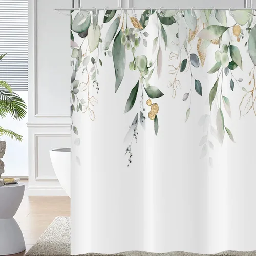 Cortina de ducha de hoja de eucalipto, hojas verde salvia y doradas, plantas de acuarela en la parte superior, cortina de baño de tela con fondo con