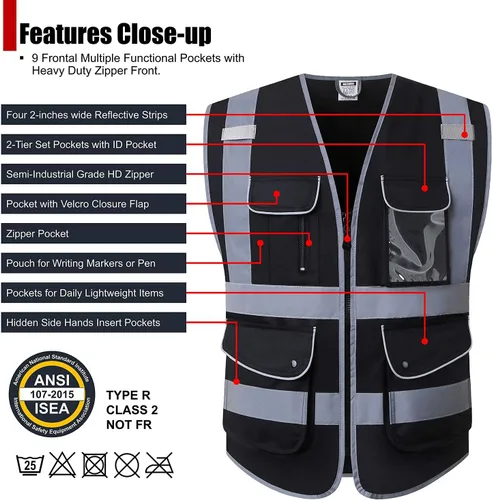 Miniatura 2 de Chalecos de seguridad reflectantes clase 2 retro con 9 bolsillos y cremallera frontal ANSI/ISEA 107-2015 (Negro-03, S)