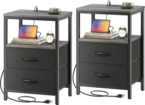 Miniatura 20 de Huuger - Mesita de noche con estación de carga, mesa auxiliar con 2 cajones de tela, mesa de centro con estante abierto, mesita de cama con puerto