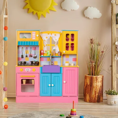 Miniatura 9 de BRINJOY Juego de cocina para niños, cocina de madera para niños con grifo, fregadero, estufa, horno, cortinas, utensilios de cocina, armarios