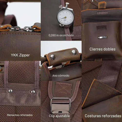 Miniatura 7 de Mochila de cuero genuino para hombre, estilo vintage, de 15.6 pulgadas, bolsa para computadora portátil, varios bolsillos, mochila casual de viaje