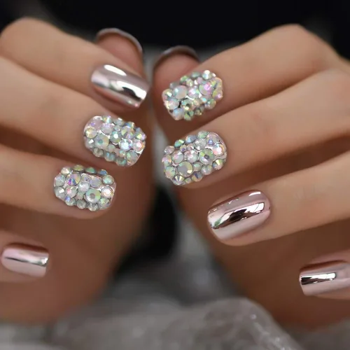 Coolnail - Puntas de uñas postizas de acrílico rosa metálico sexy, strass rosa claro, espejo decorativo brillante, uñas artificiales cortas L5538