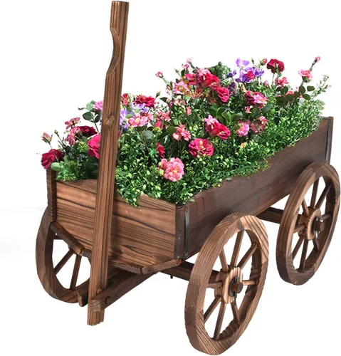 Miniatura 2 de HAPPYGRILL Carro de madera, soporte decorativo para macetas con 4 ruedas y agujeros de drenaje, maceta de carro al aire libre para patio, patio