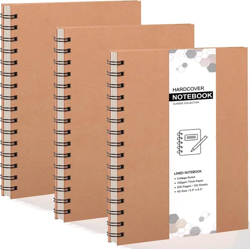 Paquete de 3 cuadernos en espiral de 5.83 x 8.27 pulgadas, diario A5 en espiral, 100 hojas (200 páginas), con tapa dura de papel de estraza con