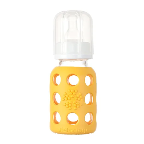 Biberón Lifefactory BPA con funda protectora de silicona de vidrio y chupa etapa 1, Amarillo
