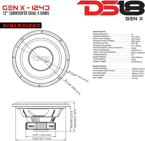 Miniatura 6 de DS18 GEN-X124D Subwoofer en negro - Bobina de voz de aluminio negro de 4 capas, 12 pulgadas, potencia máxima de 900 W, 450 W RMS, 4 ohmios duales