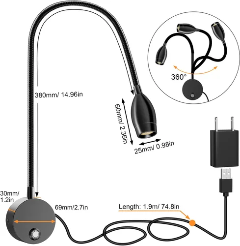 Miniatura 5 de ERAY 1 paquete de 1 luz LED de lectura para cama montada en la pared Touch Control, 3 Dimmable, 360°Flexible Gooseneck Headboard Book Reading