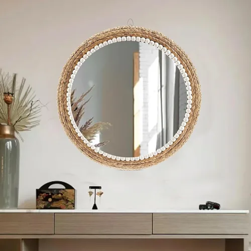 Miniatura 3 de Espejo decorativo de estilo bohemio de 22 pulgadas, espejo redondo de ratán para colgar en la pared, espejo redondo tejido de ratán natural