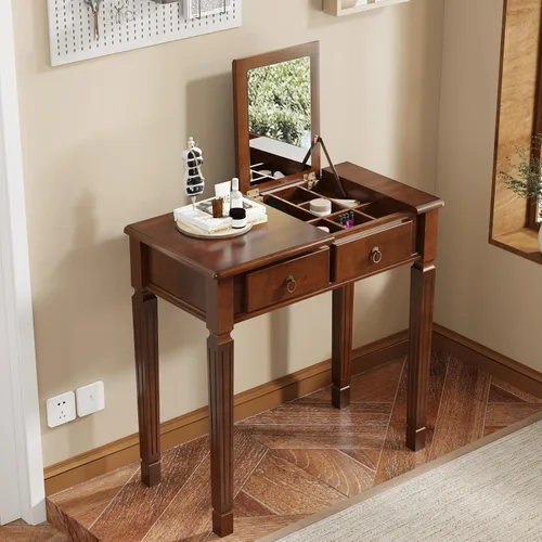 Miniatura 10 de Escritorio pequeño con juego de taburetes, mesa de tocador de maquillaje con espejo abatible y taburete tapizado, tocadores de madera maciza con 2