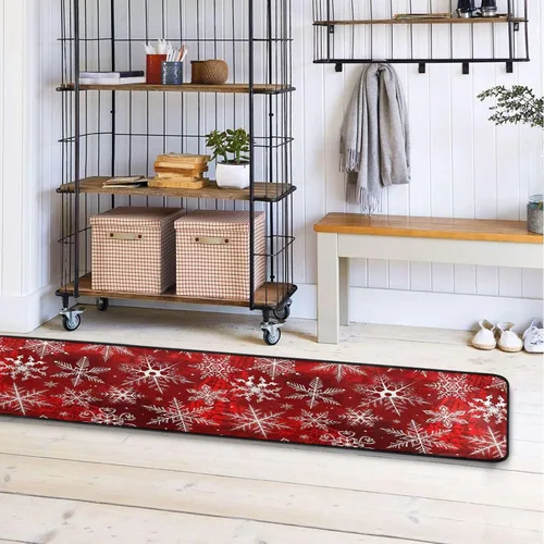 Miniatura 5 de Alfombra de pasillo de Navidad, patrón rojo con copos de nieve, alfombra de corredor de flores, alfombra antideslizante para cocina, alfombra