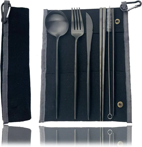 Miniatura 13 de JASHII El juego de cubiertos de viaje incluye cuchillo reutilizable, tenedor, cuchara, palillos, pajilla, utensilios ecológicos, utensilios de Azul