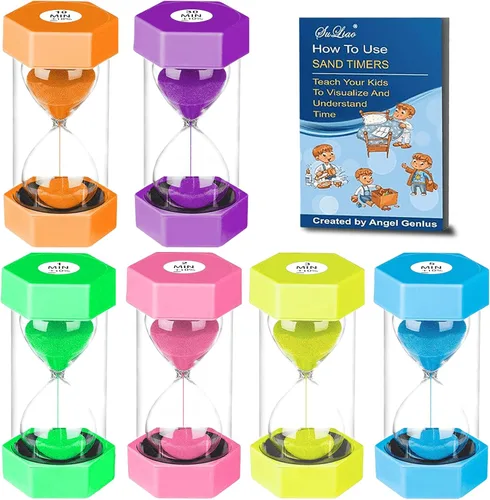 Miniatura 9 de SuLiao Temporizadores de arena 1m/2m/3m/5m/10 minutos, temporizador de arena de reloj de arena de plástico para niños, reloj de arena grande