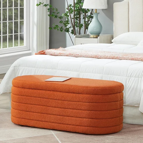 Miniatura 8 de Setawix Banco de almacenamiento de peluche verde para el extremo de la cama, banco de almacenamiento ovalado copetudo con canal, banco de asiento