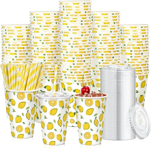 Miniatura 11 de Tessco - Juego de 50 vasos de papel Capri Lemon con tapas y pajitas, 12 onzas, azulejos azules italianos, tazas frías de limón italiano para fiesta
